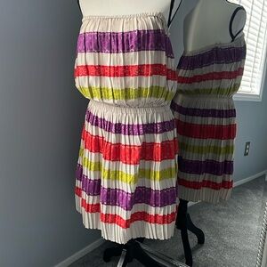 BCBG MAXAZRIA strapless pleated “Mateo” mini dress with lace stripes - M medium